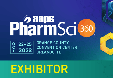 Graphic advertising AAPS PharmSci 360, with an Exhibitor badge