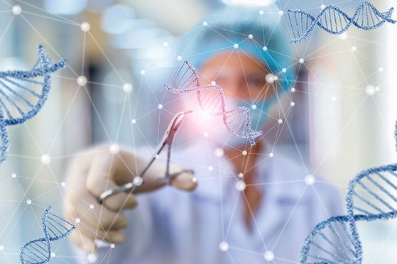 Doctor holding tweezers with rendering of DNA in foreground