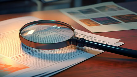 Magnifying glass on article on desk