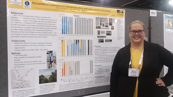 Student showing poster of Sanibel Island study with FlowCam data