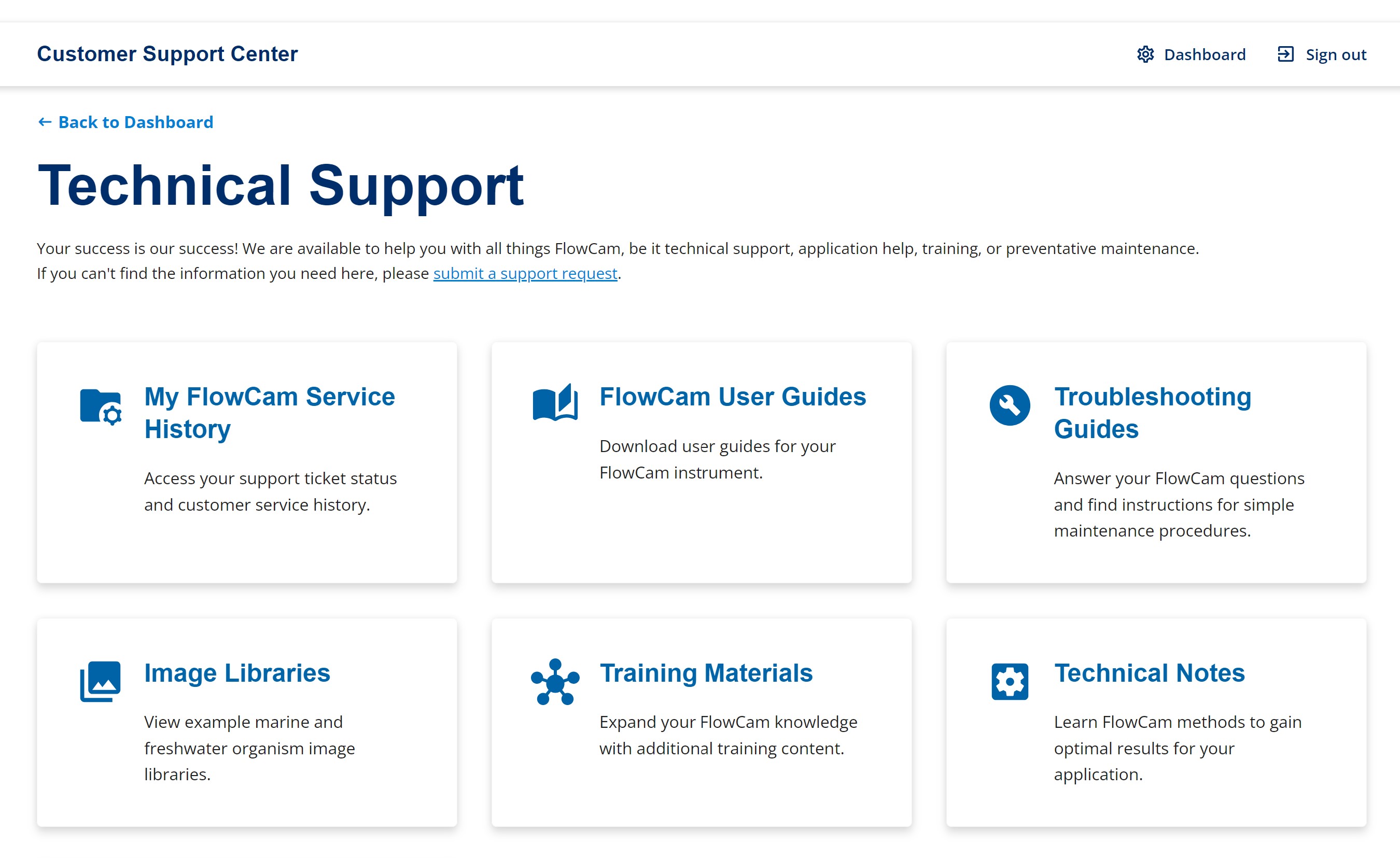 Screenshot of FlowCam customer support center