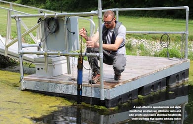 Water quality operator testing water on a dock
