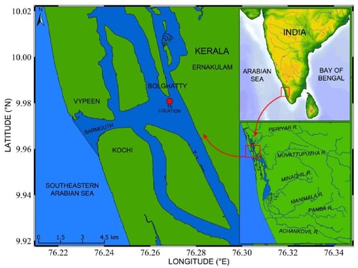 Map of India showing sampling locations near Bolghatty Island