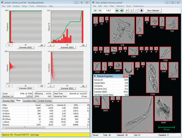 FlowCam VisualSpreadsheet interface showing biopharma data with protein aggregate images
