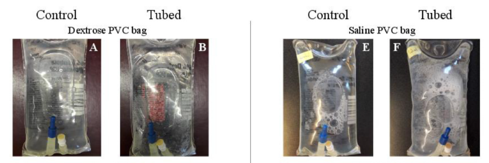 Photos of IV bags containing Dextrose and Saline before and after transport via hospital pneumatic tube system