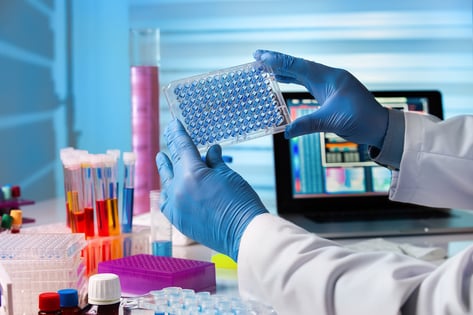 scientist's hands holding well plate