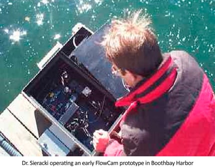 Dr. Sieracki operating an early FlowCam prototype in Boothbay Harbo