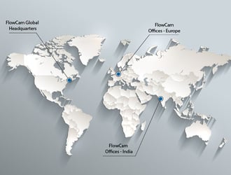 World map showing FlowCam headquarters in USA, Germany, and India