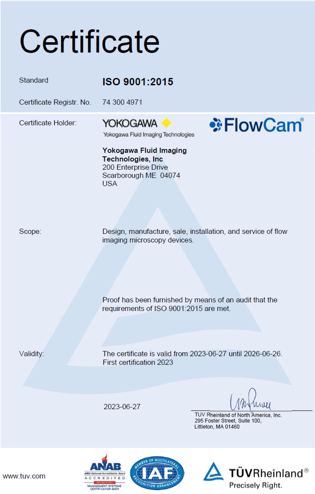 FlowCam ISO 9001:2015 certificate - 2023-2026