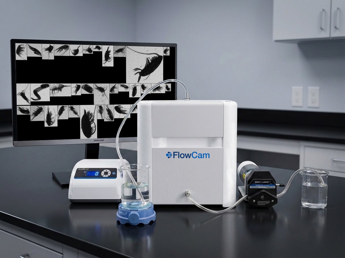 FlowCam Macro in lab with full setup and copepods on monitor