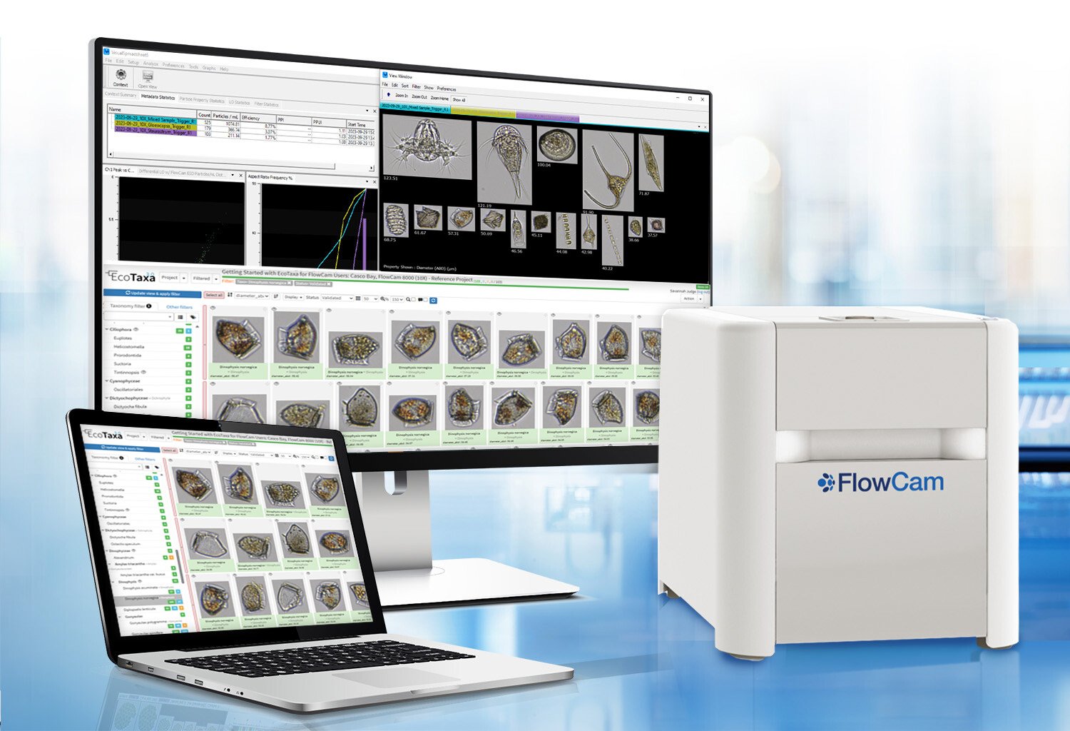 FlowCam with monitor and laptop showing EcoTaxa plankton classification