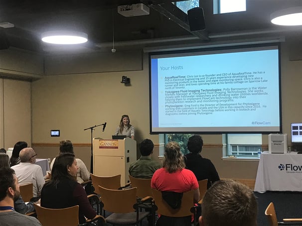 Woman presenting content on projection screen to audience