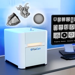 FlowCam instrument rendering with biopharmaceutical particles floating above