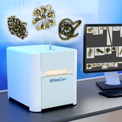 FlowCam Cyano instrument rendering on benchtop with cyanobacteria