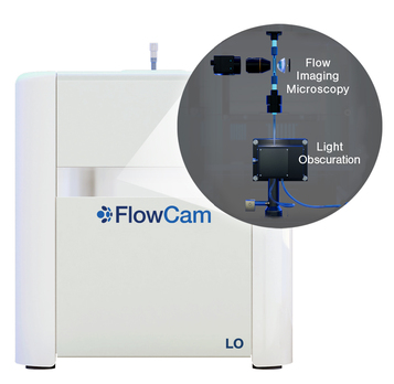 FlowCam LO instrument rendering with inset showing internal components