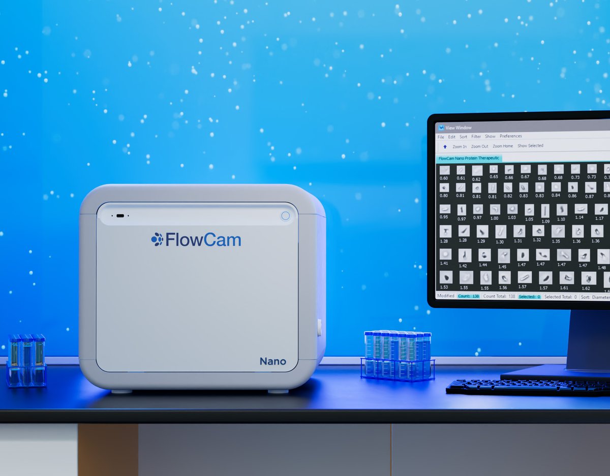 Rendering of FlowCam Nano instrument on lab bench with monitoring showing particles