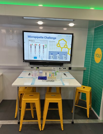 lab table and stools with screen