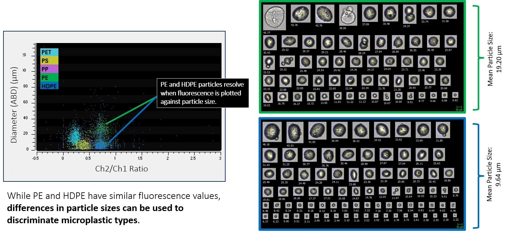 Graph showing Diameter plotted against Ch2/Ch1 ratio with representative particle images