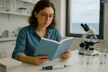 Scientist at lab bench reading manual