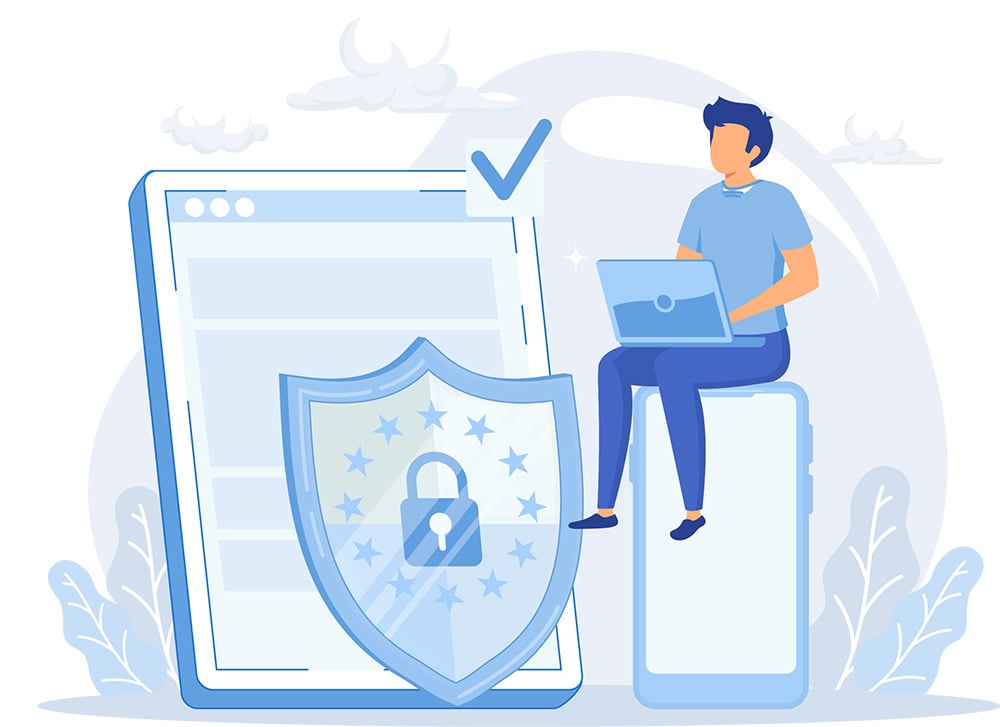 Stock image of computer user with security lock graphic