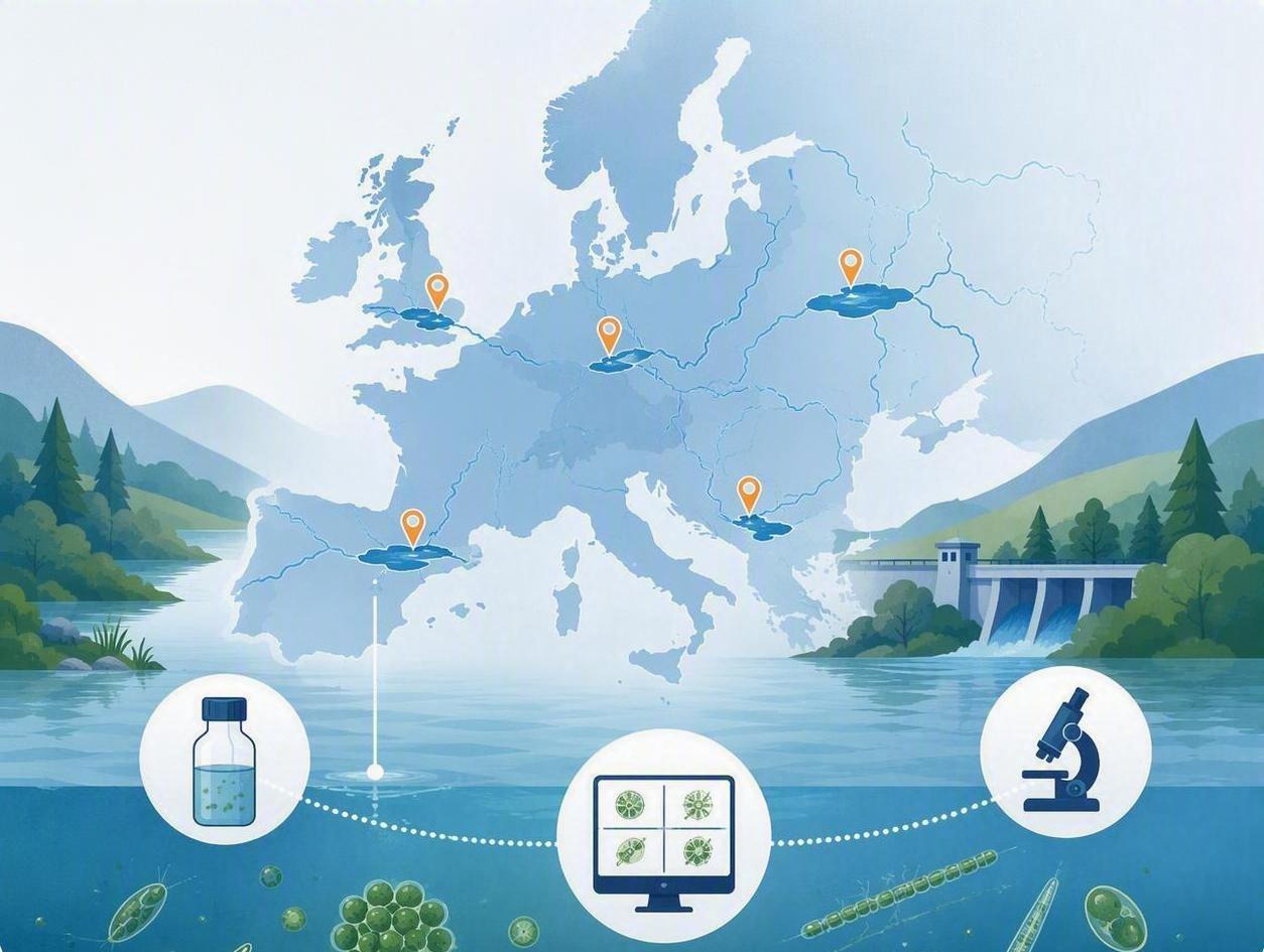 Map of Europe overlaid with depiction of freshwater environment and monitoring icons.