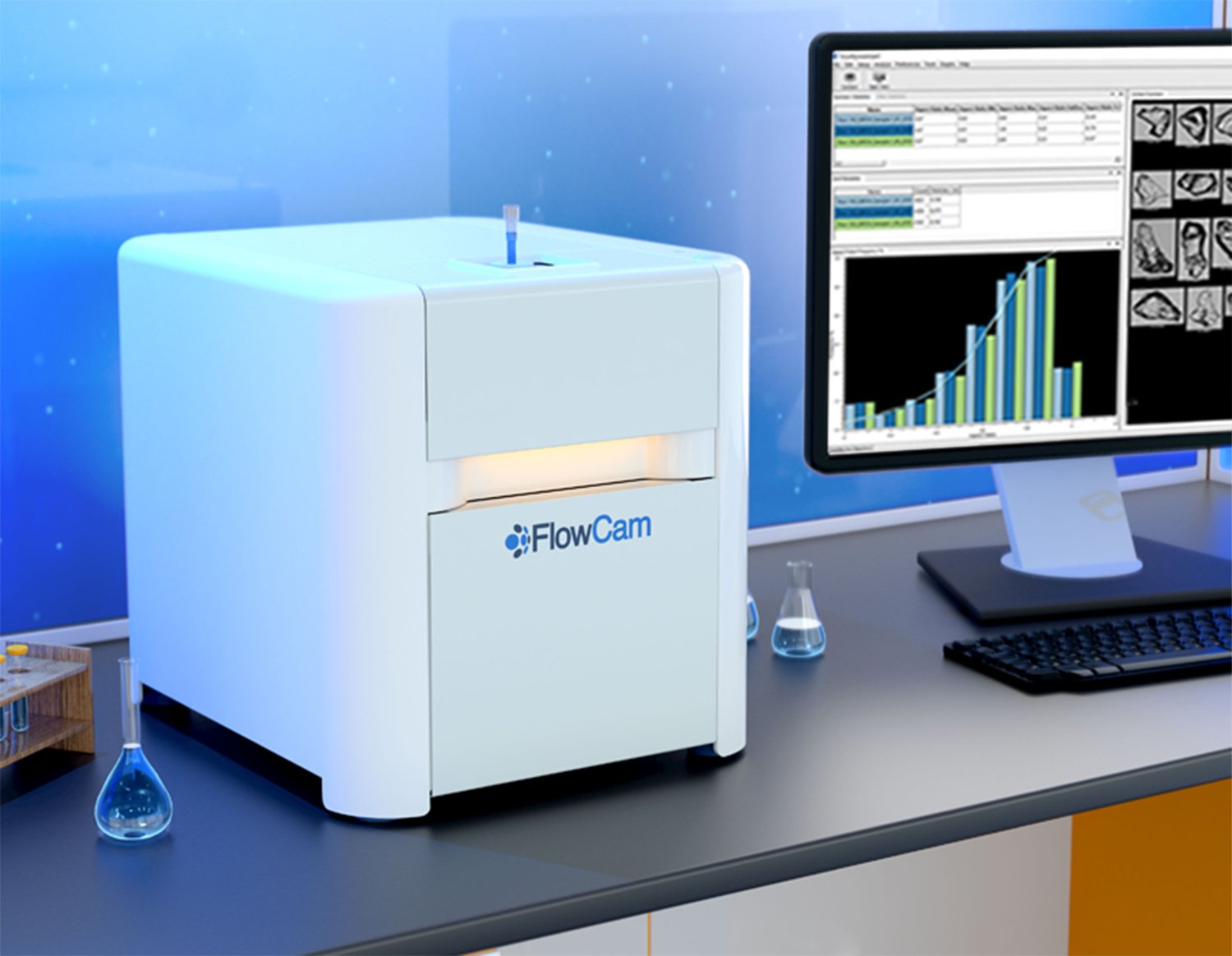 FlowCam 8000 instrument on lab benchtop with particle data and images on a monitor