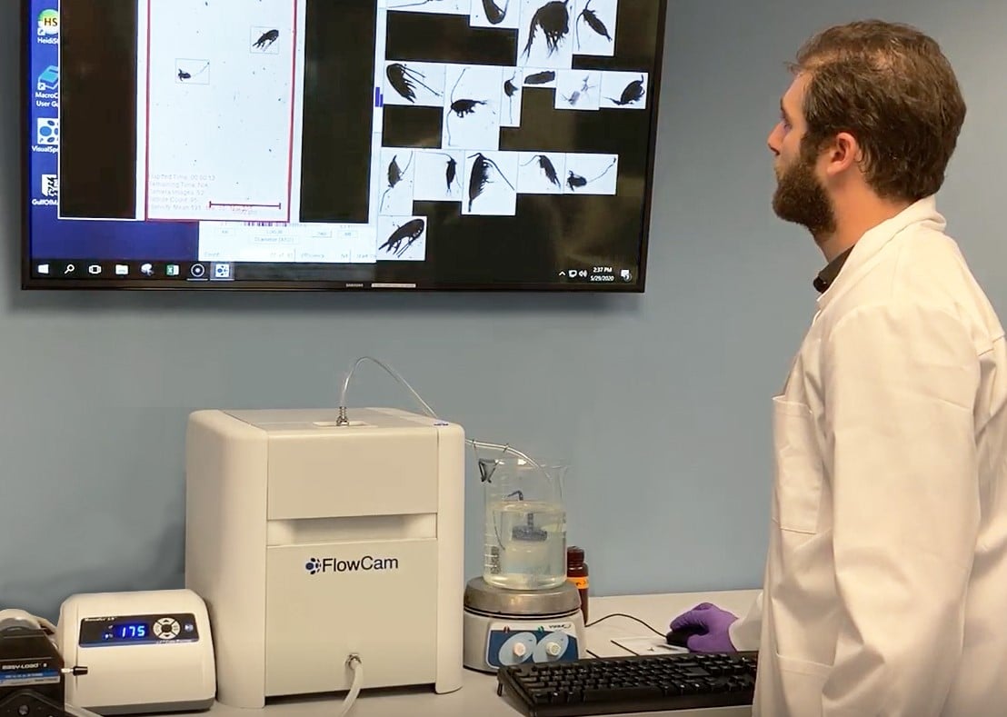 Scientist in lab using FlowCam Macro and seeing zooplankton on screen