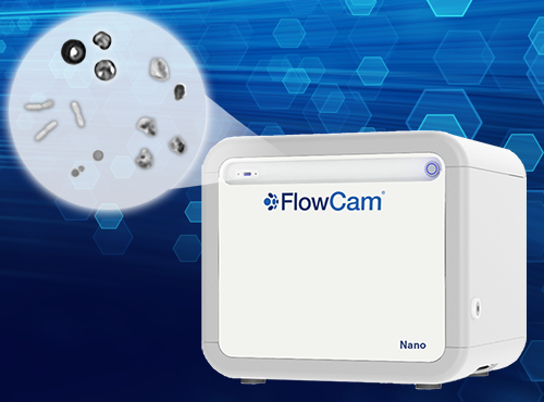 FlowCam Nano rendering with blue background and submicron particles