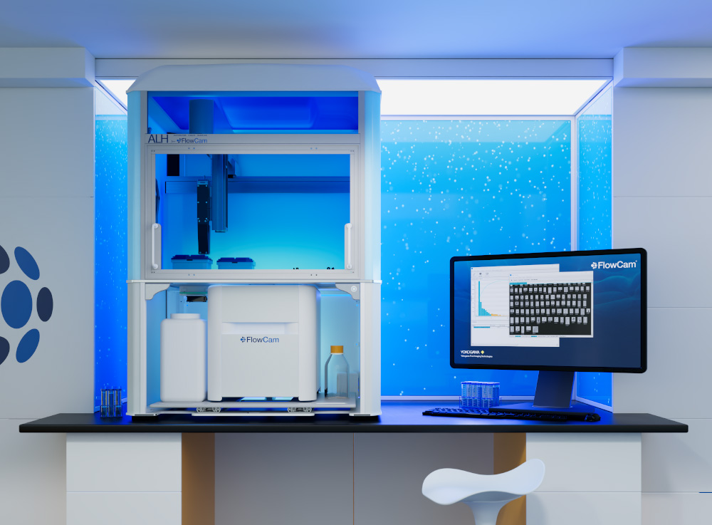 ALH for FlowCam automated liquid handling particle analysis system in operation on lab benchtop