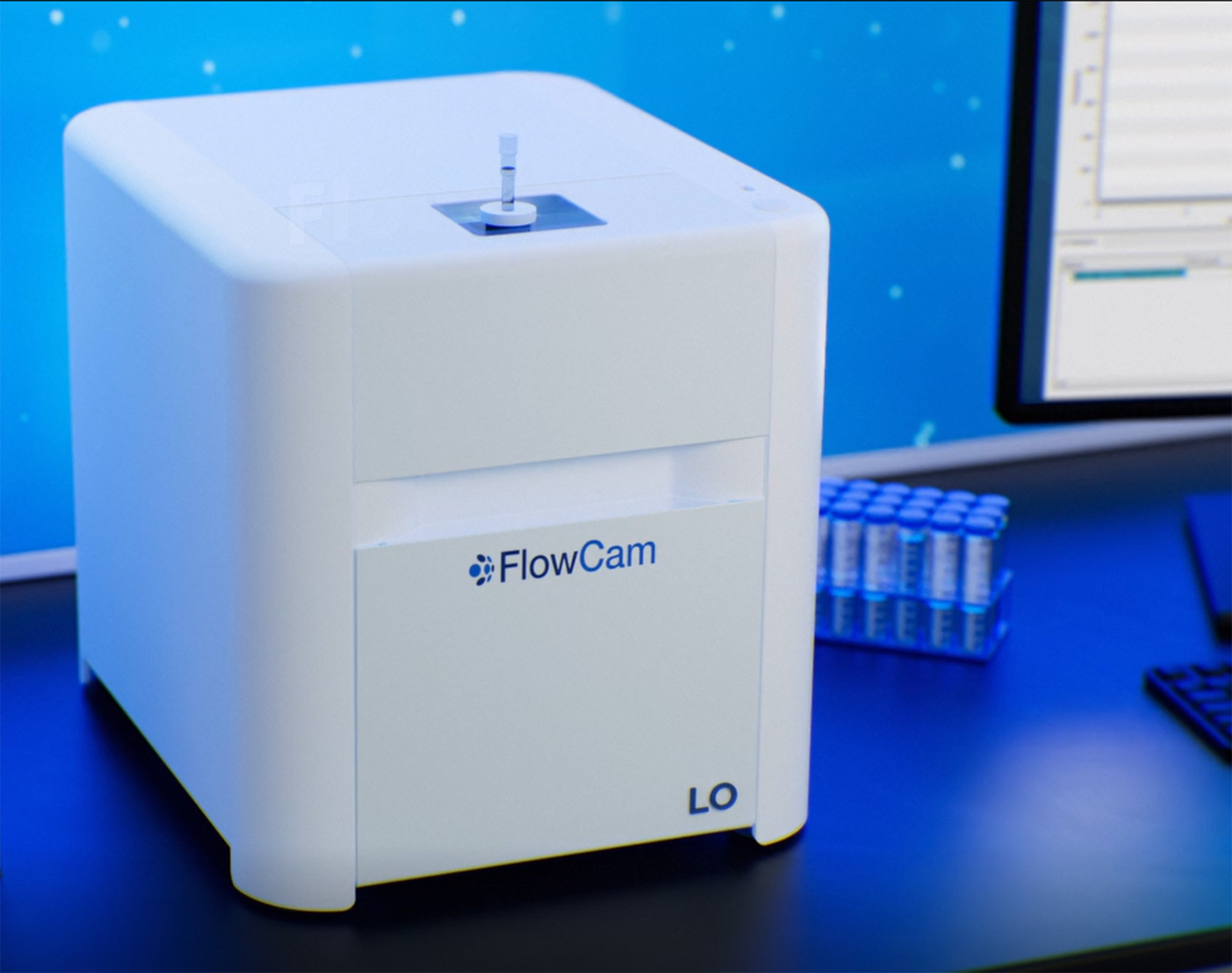 FlowCam LO flow imaging microscopy and light obscuration instrument sitting on benchtop