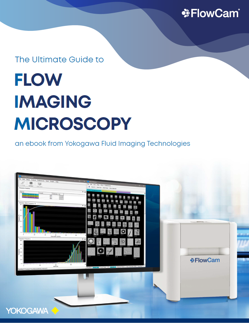 FlowCam instrument rendering on lab bench with data on monitor